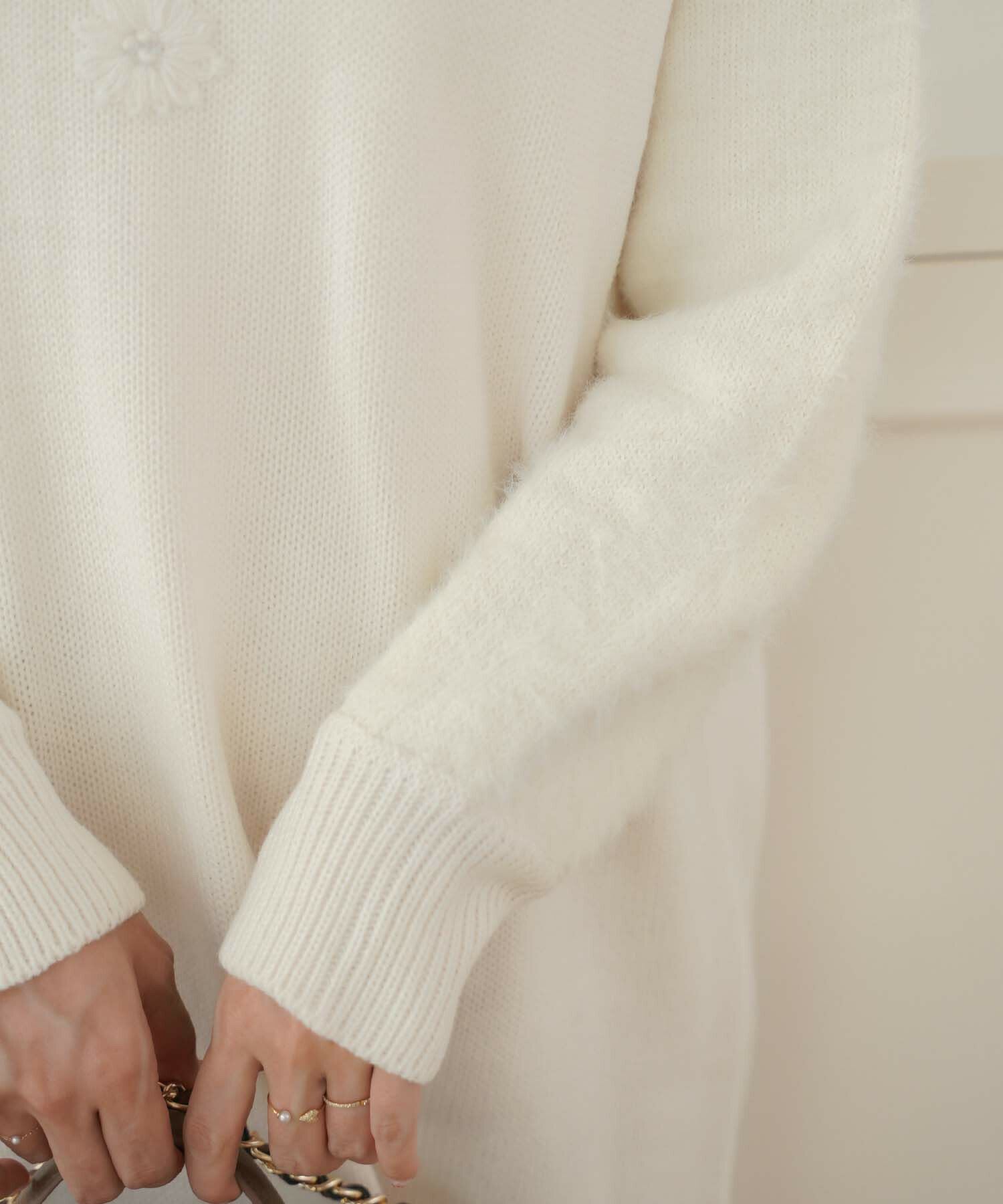 フラワー 刺繍 シャギースリーブ ニット ワンピース