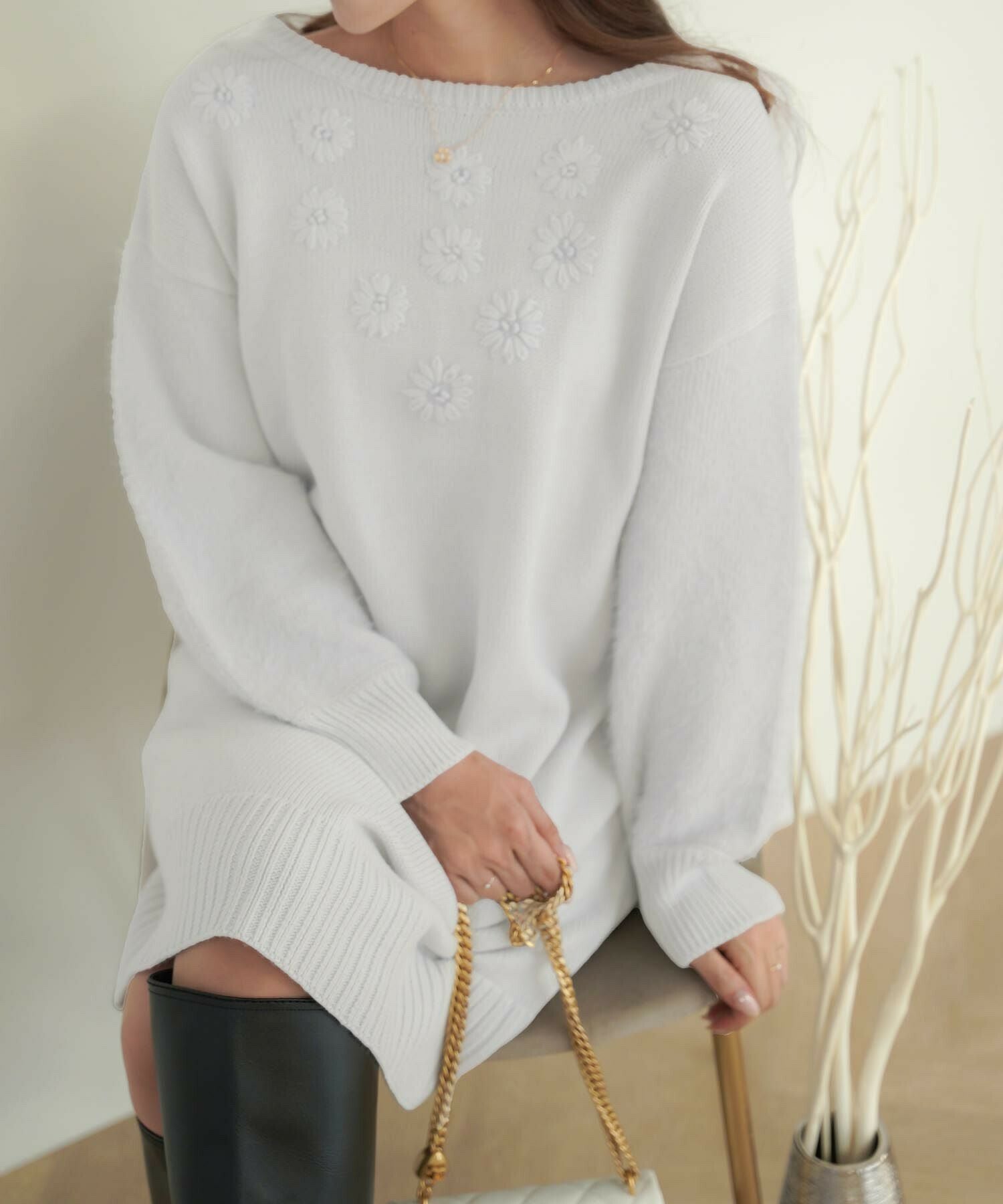 フラワー 刺繍 シャギースリーブ ニット ワンピース
