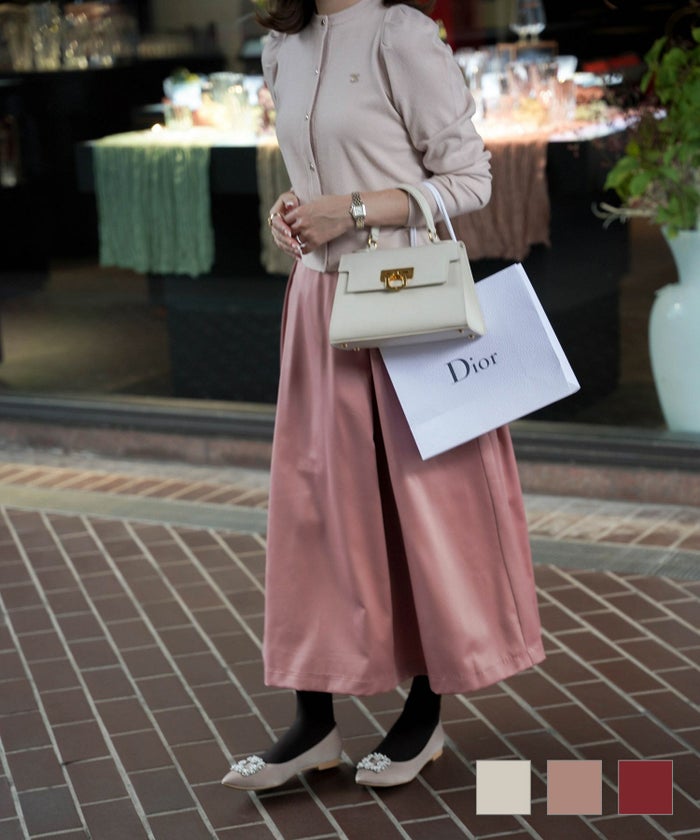 スカート フレア マットサテン アイボリー ピンクベージュ レッド S M ボリューム フレア スカート  HUIT