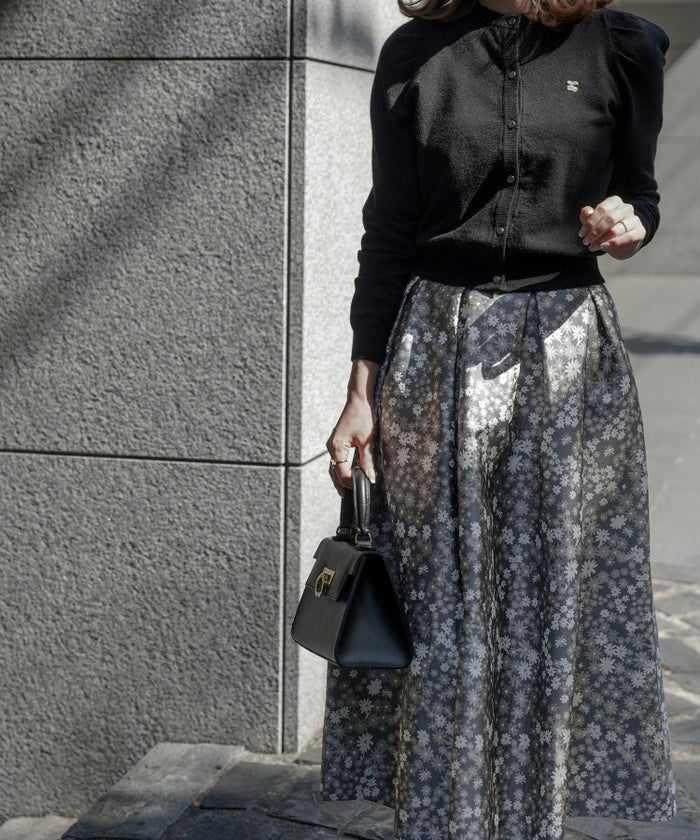 レディース/スカート/ボトムス/フレア/タック/ジャガード/小花柄/春/夏/秋/冬/グレー/ネイビー