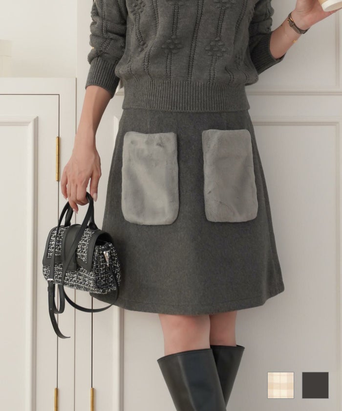 ボトムス スカート ミニ タイトスカート 台形スカート ポケット ファー ポケット ファー タイト スカート le reve vaniller