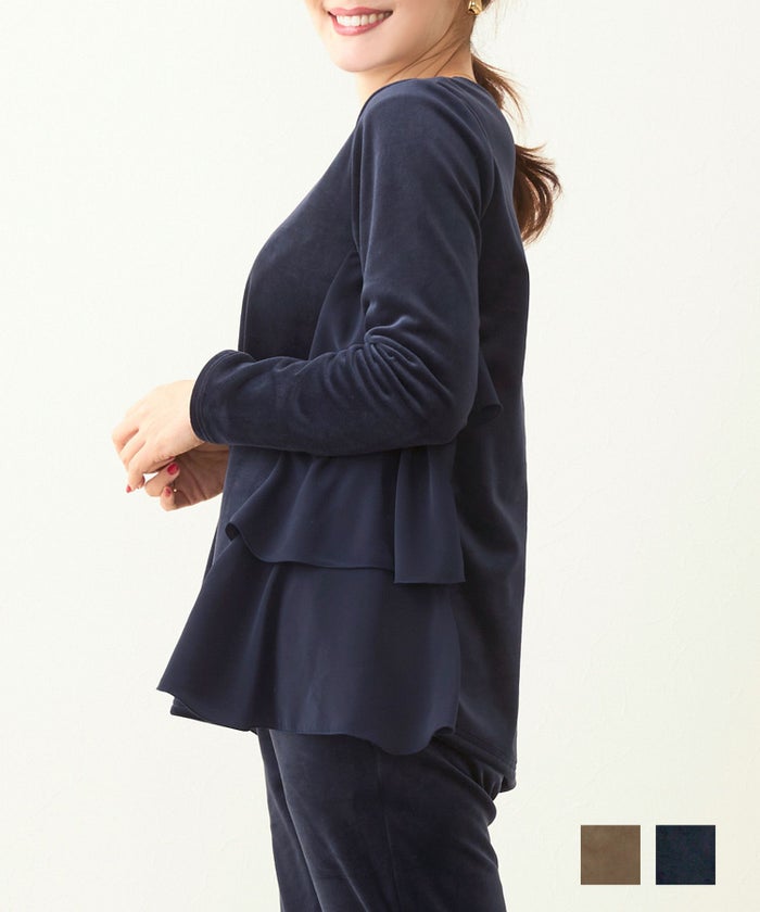 手洗い可 トップス 長袖 ボンバーヒート 裏毛 裏起毛 あたたか ベロア ティアード 大人 上品 可愛い ボンバーヒート サイドティアード 長袖 Liala×PG