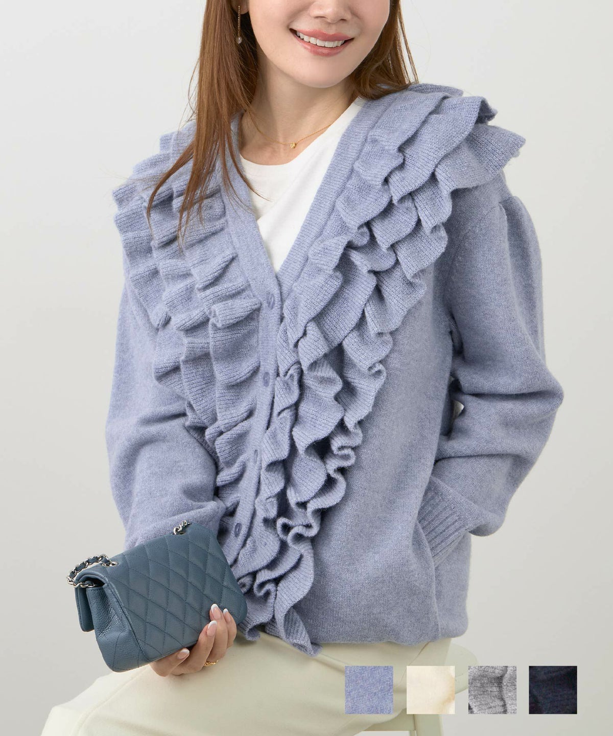 手洗い可 ニット カーディガン 長袖 秋冬 レディース 可愛い きれいめ オフィス 白 グレー 仕事 ざっくり ジョイントスペース フリル Vネック ニット カーディガン Liala×PG