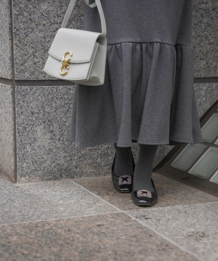 レディース/ワンピース/ボンバーヒート/パワーショルダー/マーメイドシルエット/長袖/ロング丈/秋/冬/チャコール/ライトグレー/ブラック