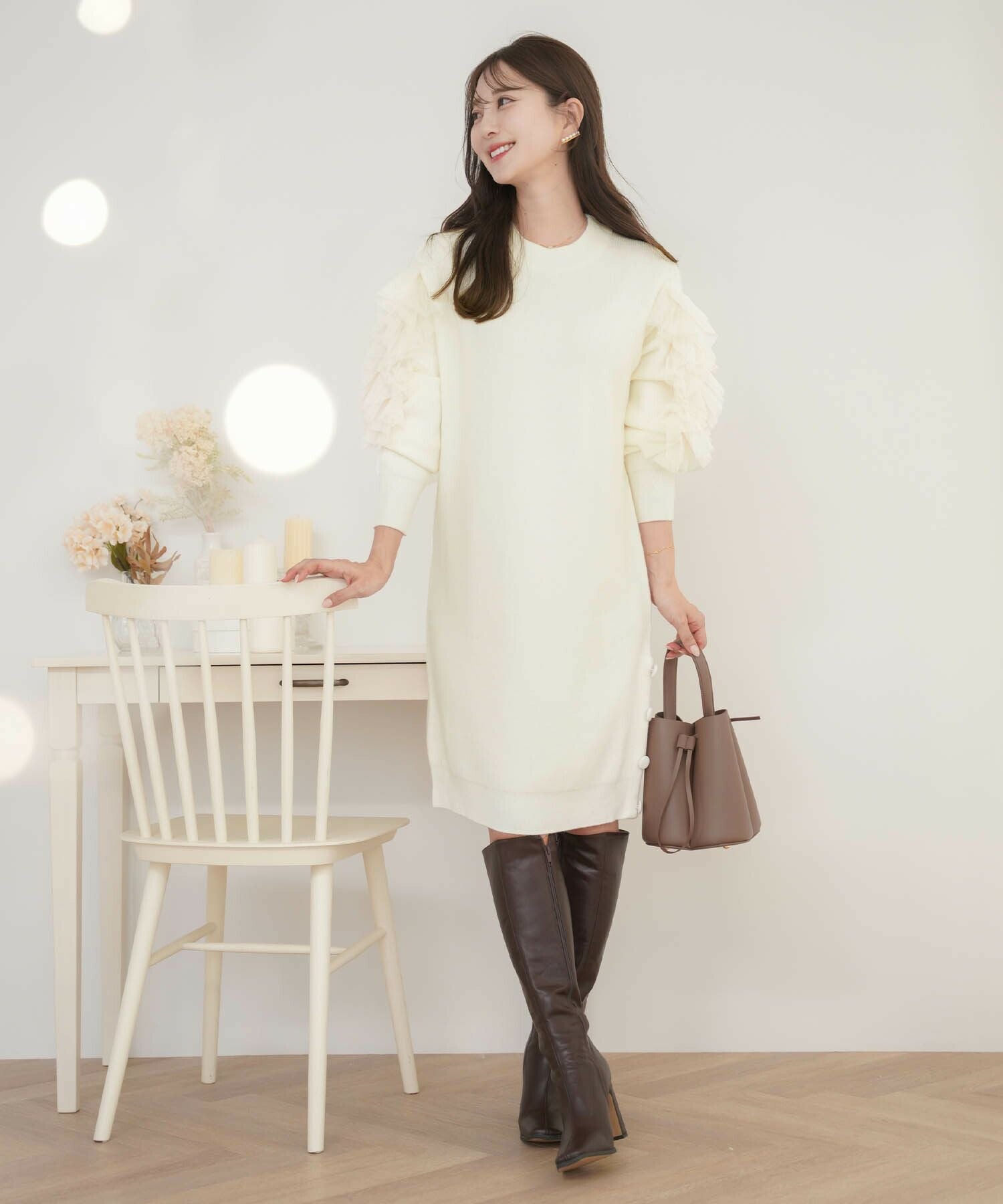SILVER-SALE 袖チュール ボリューム ニット ワンピース le reve