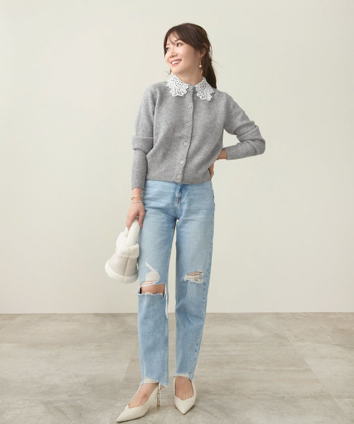 手洗い可/ニット/カーディガン/長袖/レース襟付き/取り外し可/大人/可愛い/上品