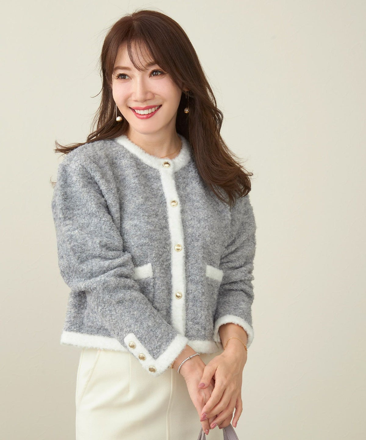 手洗い可/バイカラー/配色/ブークレ風/ポケット付き/金ボタン/上品/大人/可愛い