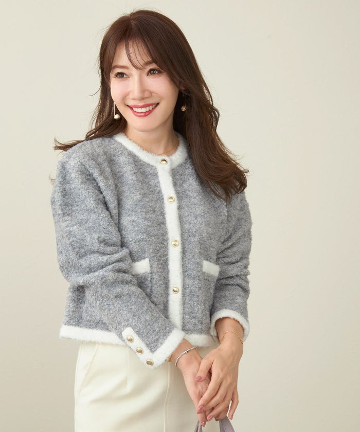 手洗い可/バイカラー/配色/ブークレ風/ポケット付き/金ボタン/上品/大人/可愛い