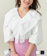 手洗い可 トップス ブラウス コットンレース フリル 5分袖 大人 上品 可愛い コットンレース Vネック フリル ブラウス Liala×PG