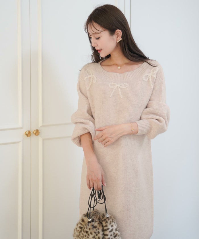 ニット/ワンピース/膝丈/リボン/パール/チュール/オフショル/新色/トレンド