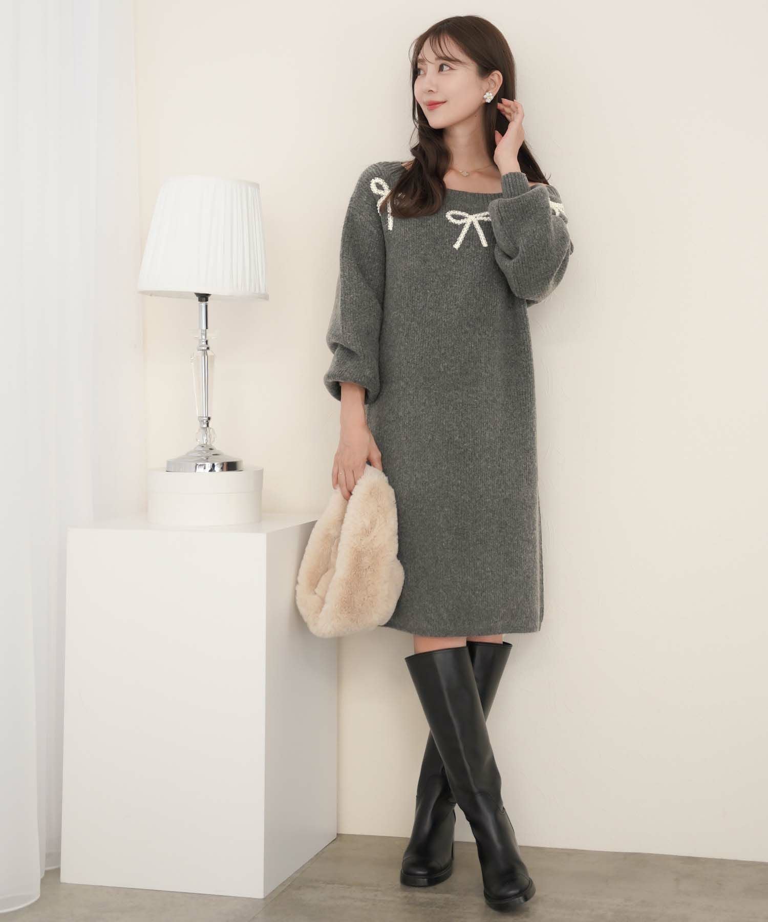 SILVER-SALE リボンモチーフ パール ニット ワンピース le reve