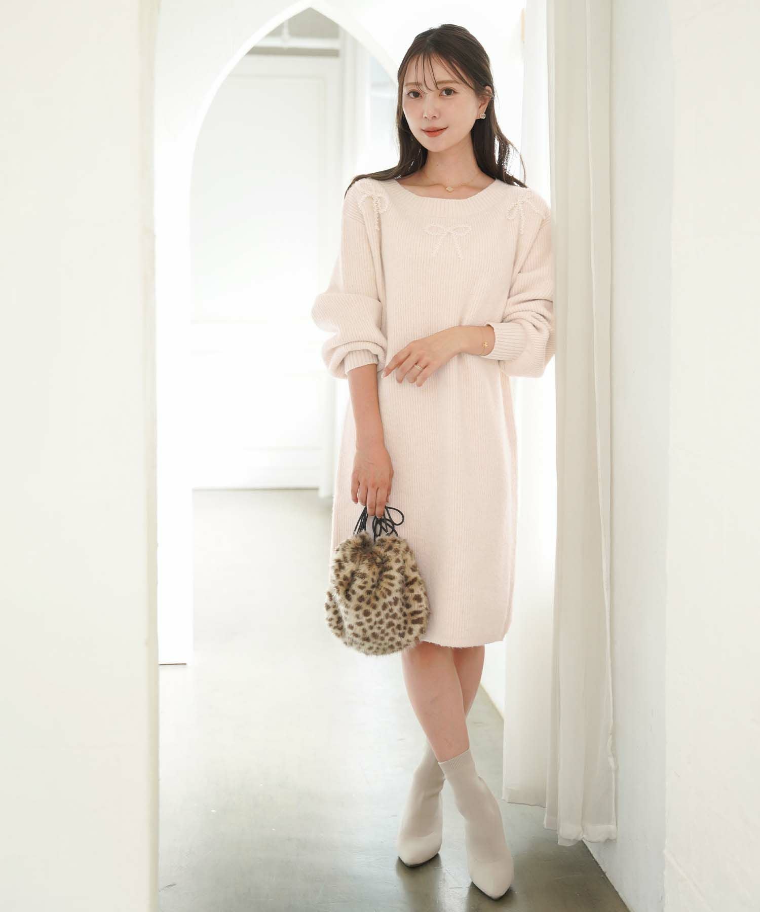 リボンモチーフ パール ニット ワンピース le reve vaniller 全4色