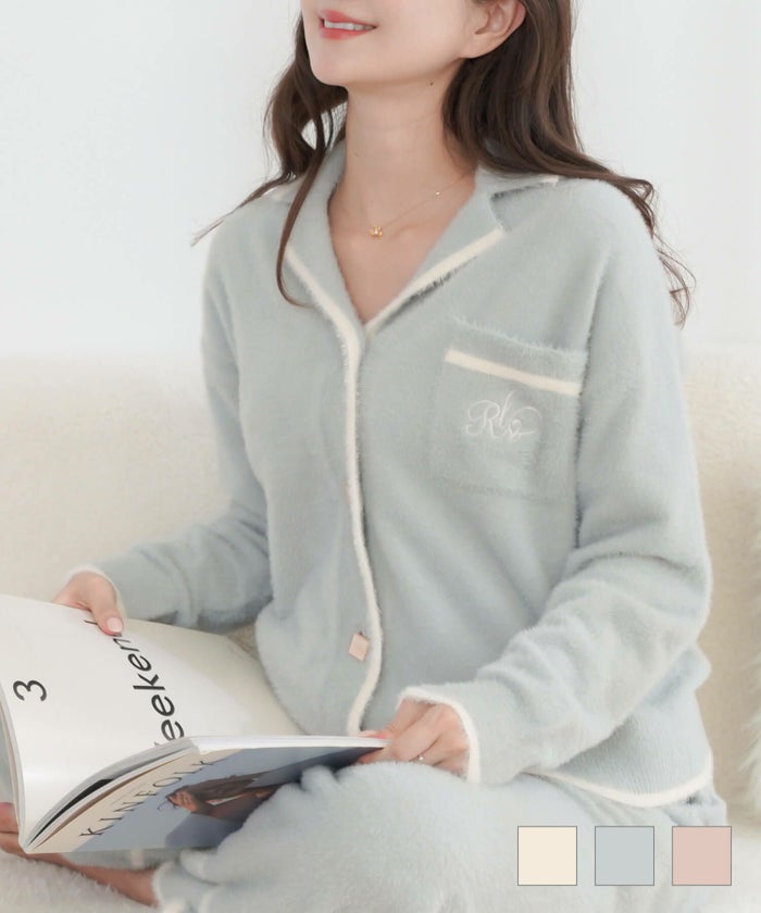 レディース/ニット/カーディガン/ルームウェア/ワンマイル/パジャマ/寝巻/シャギー/開襟/配色/バイカラー/シェル/ボタン/アイボリー/ピンク/ブルーグレー/秋/冬/春