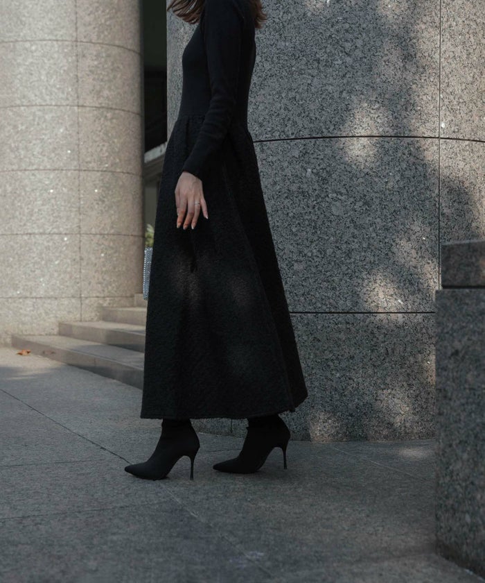 レディース/ワンピース/ニット/ブークレ/モックネック/ドッキング/フレア/長袖/ロング丈/秋/冬/アイボリー/ブラック