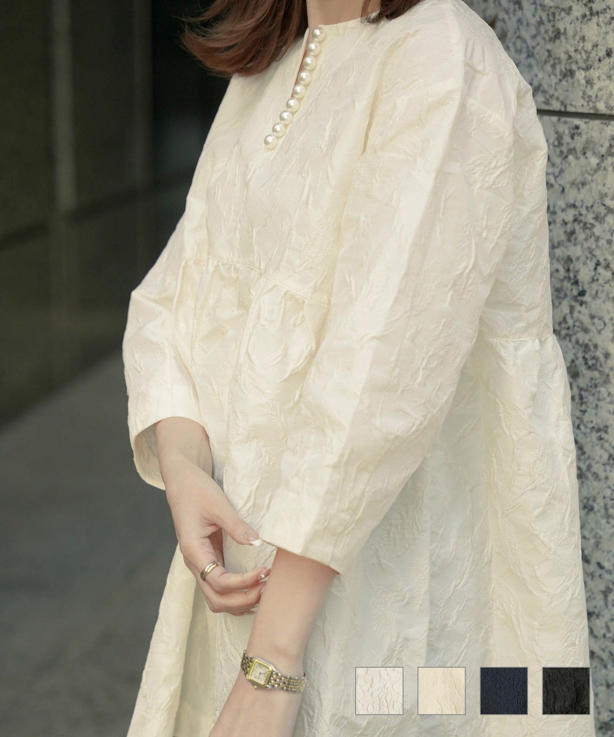 トップス ブラウス ジャガード ホワイト アイボリー ネイビー ブラック パールトリム ジャガード チュニック ブラウス HUIT