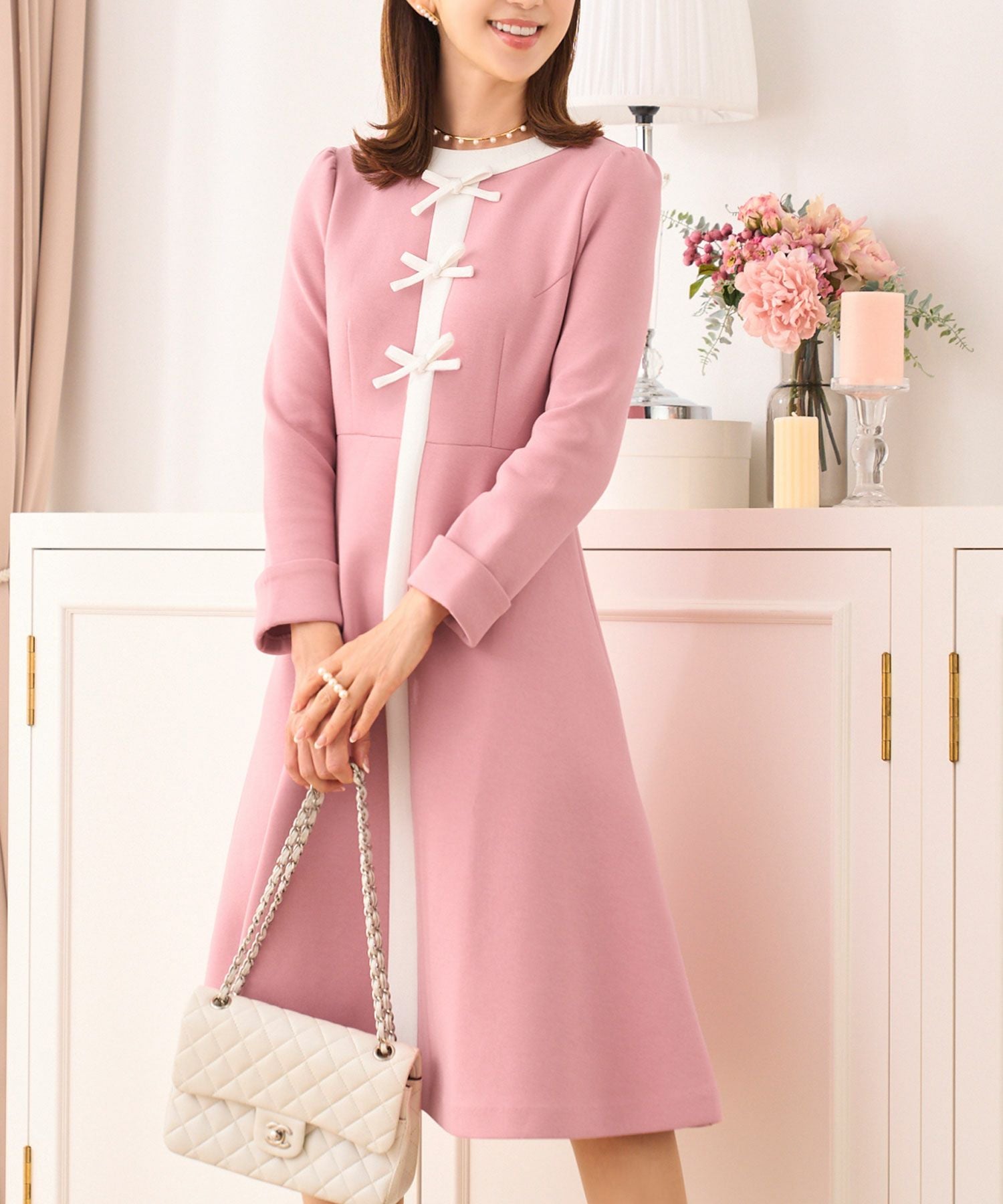 フロントリボン バイカラー フレア ワンピース Prima Scherrer 全4色