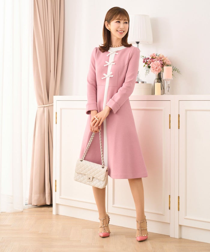 ワンピースレディースファッション服春白黒おしゃれかわいいきれいめリボンジョイントスペース