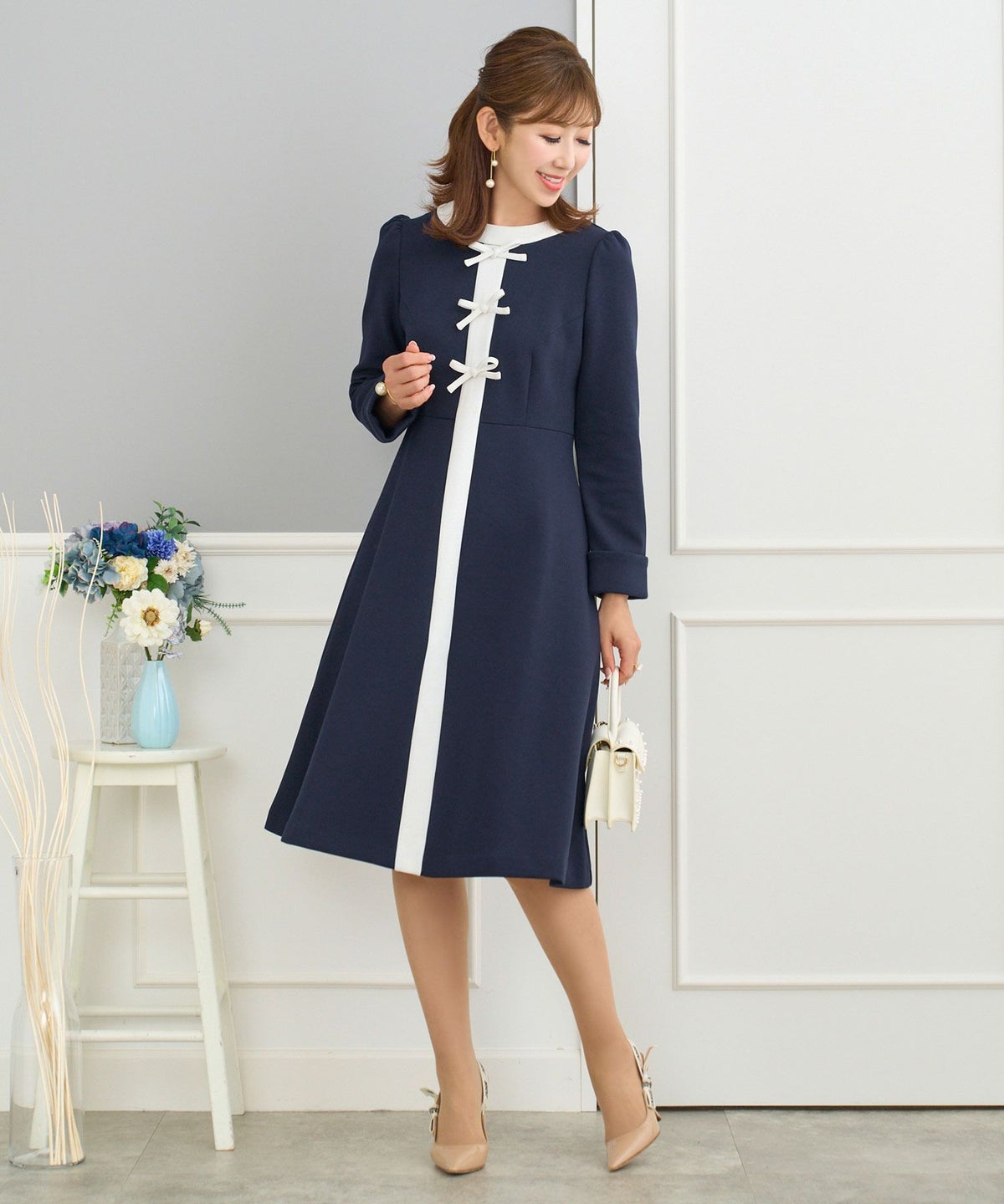 ワンピースレディースファッション服春白黒おしゃれかわいいきれいめリボンジョイントスペース