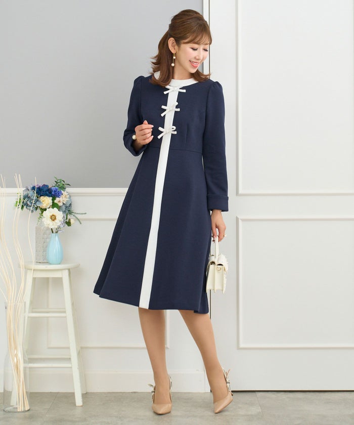 ワンピースレディースファッション服春白黒おしゃれかわいいきれいめリボンジョイントスペース