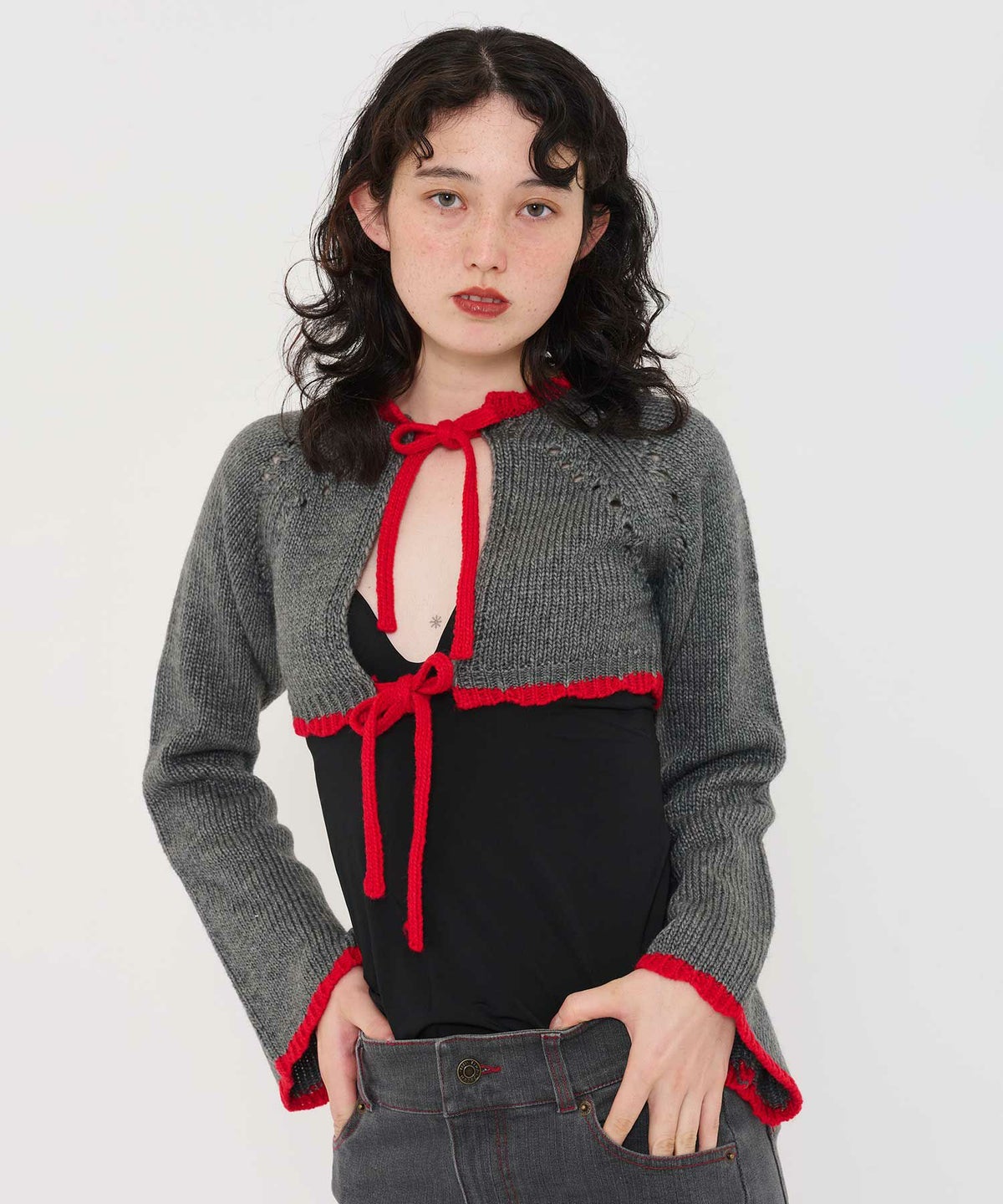 ニット/ボレロ/リボン付き/ホワイト/グレー