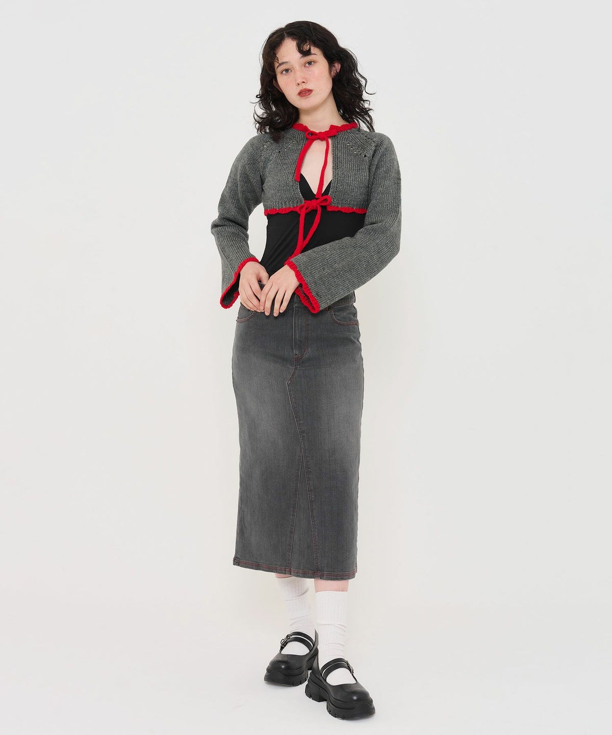 ニット/ボレロ/リボン付き/ホワイト/グレー