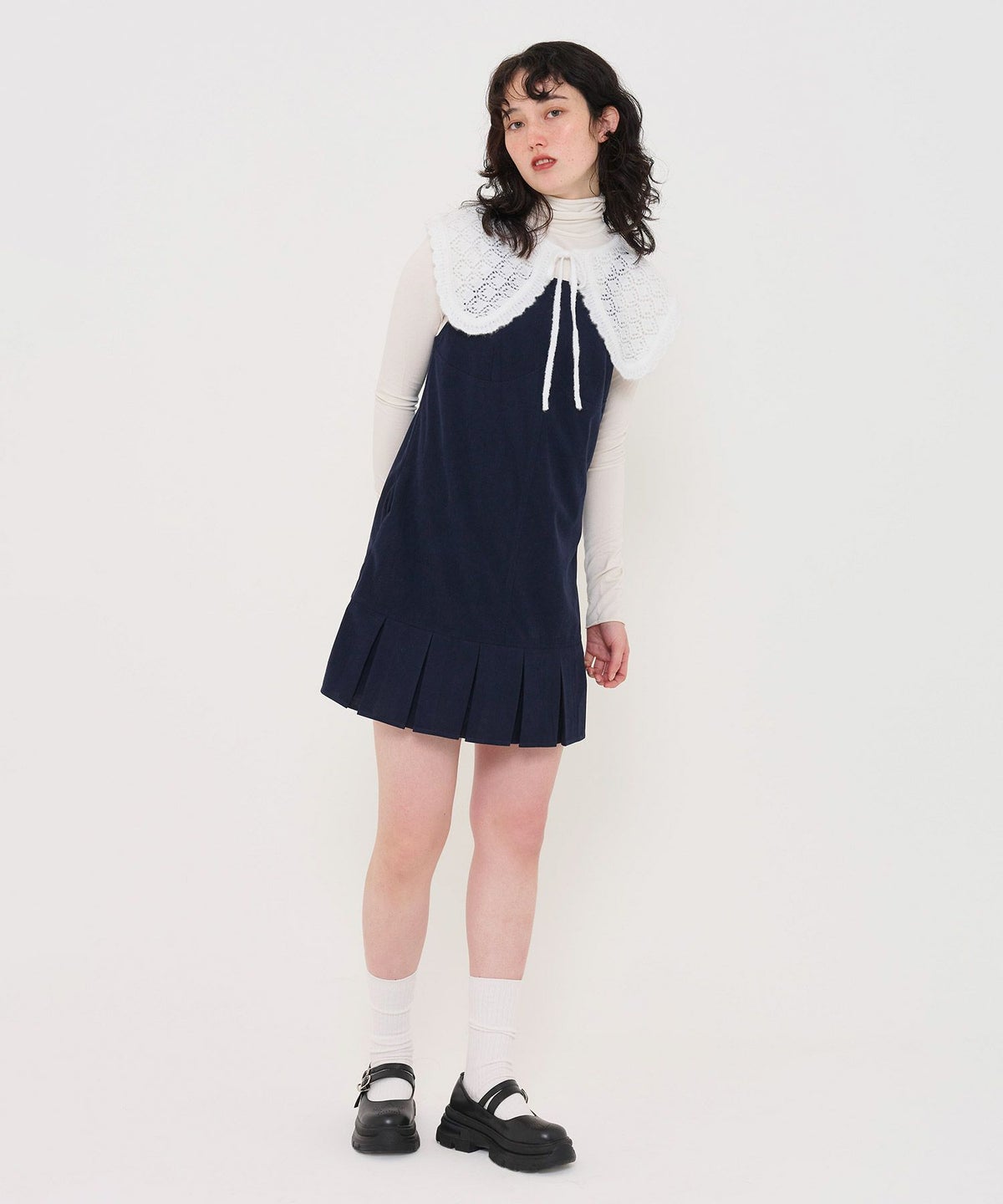 ワンピース/ミニ丈ワンピース/裾プリーツ/ブラウン/ネイビー