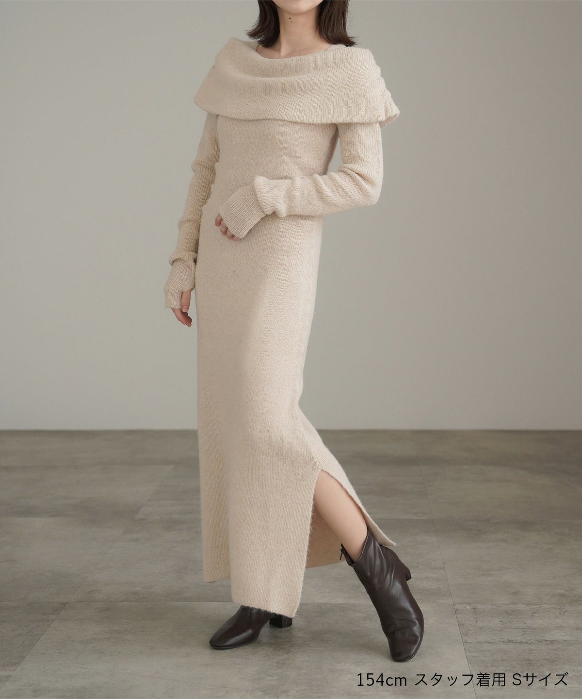 ワンピース/オフショル/ライク/ロング/ニット/ベージュ/ブラック/S/M