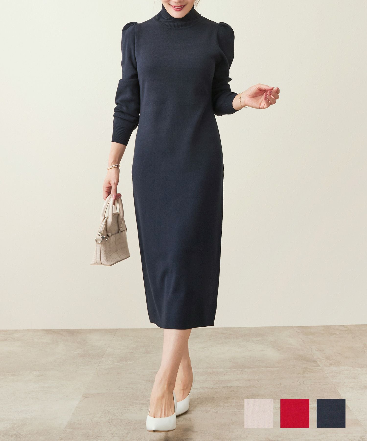 タートルネック 肩ギャザー入り ニット ワンピース Liala×PG 全3色