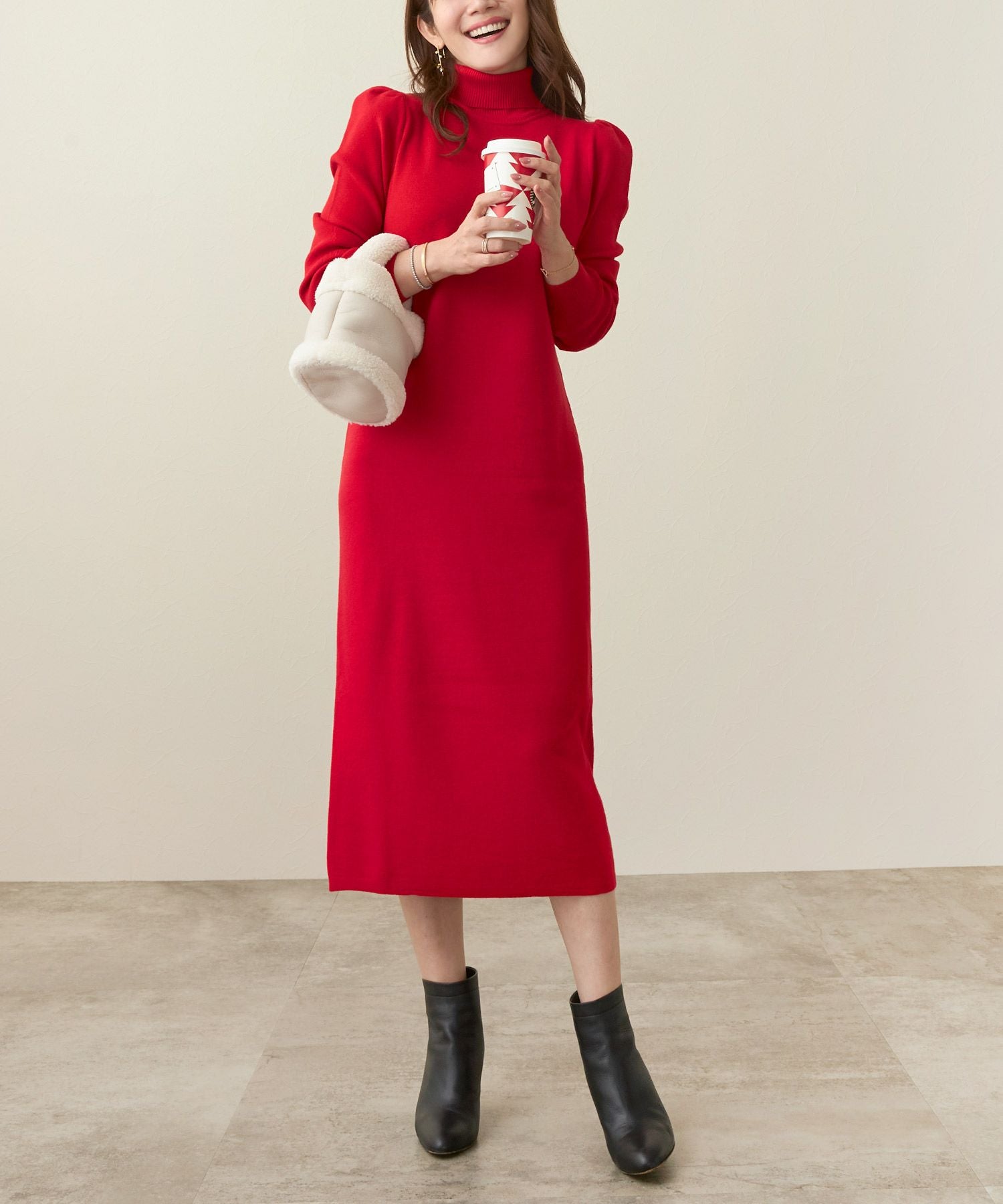 タートルネック 肩ギャザー入り ニット ワンピース Liala×PG 全3色