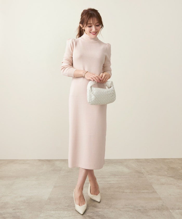 手洗い可/ニット/ワンピース/タートル/長袖/肩ギャザー/膝丈/ロング/ハイゲージ/大人/上品/可愛い