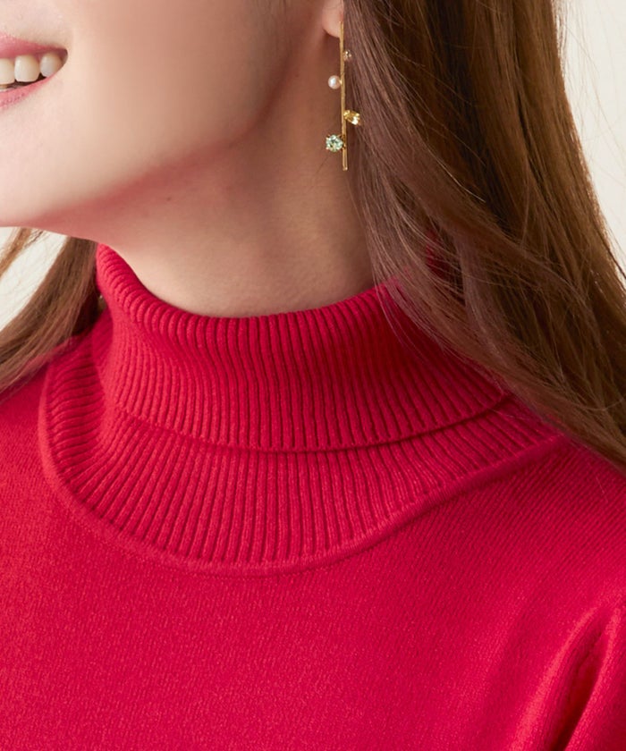 手洗い可/ニット/ワンピース/タートル/長袖/肩ギャザー/膝丈/ロング/ハイゲージ/大人/上品/可愛い