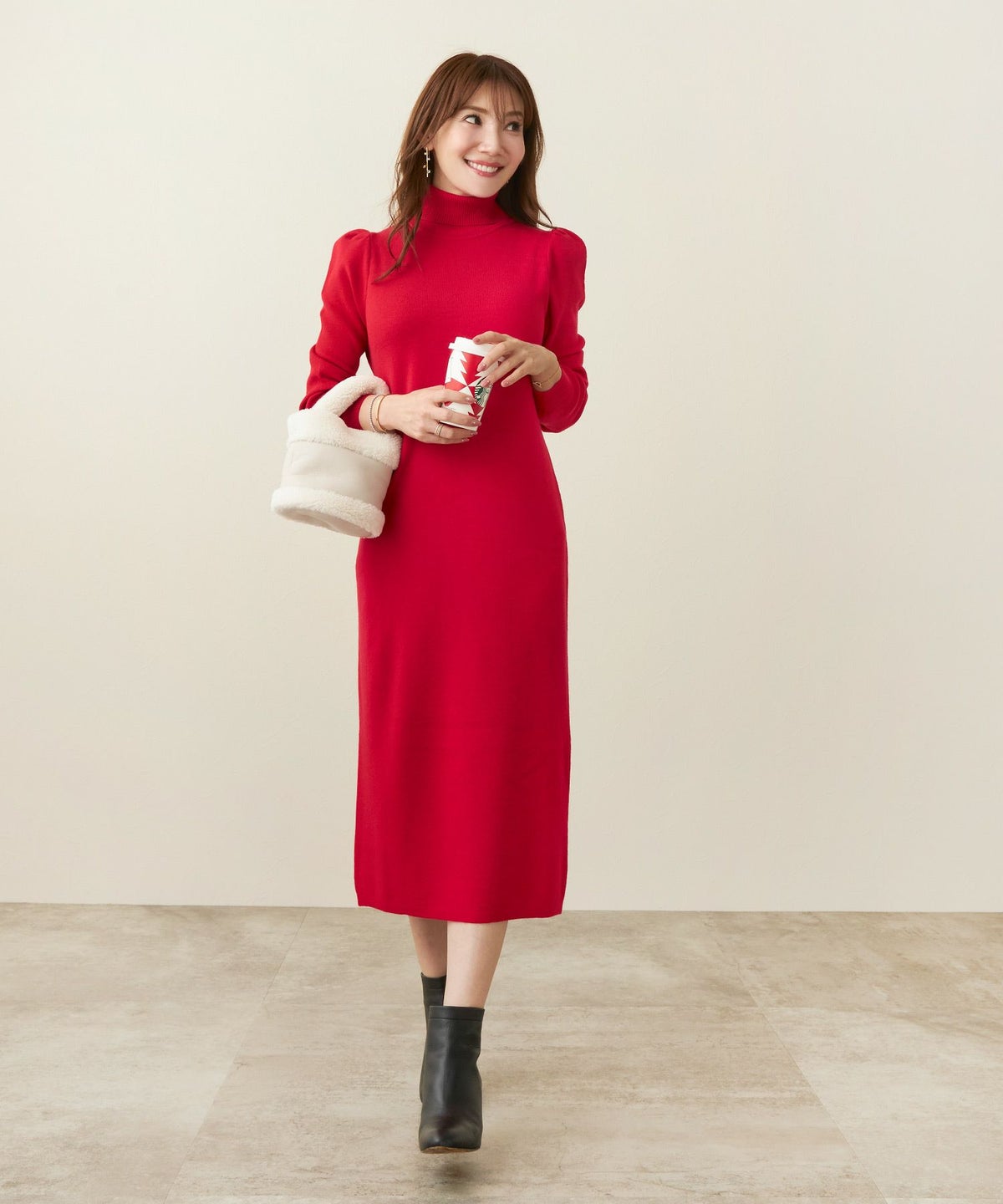 手洗い可/ニット/ワンピース/タートル/長袖/肩ギャザー/膝丈/ロング/ハイゲージ/大人/上品/可愛い