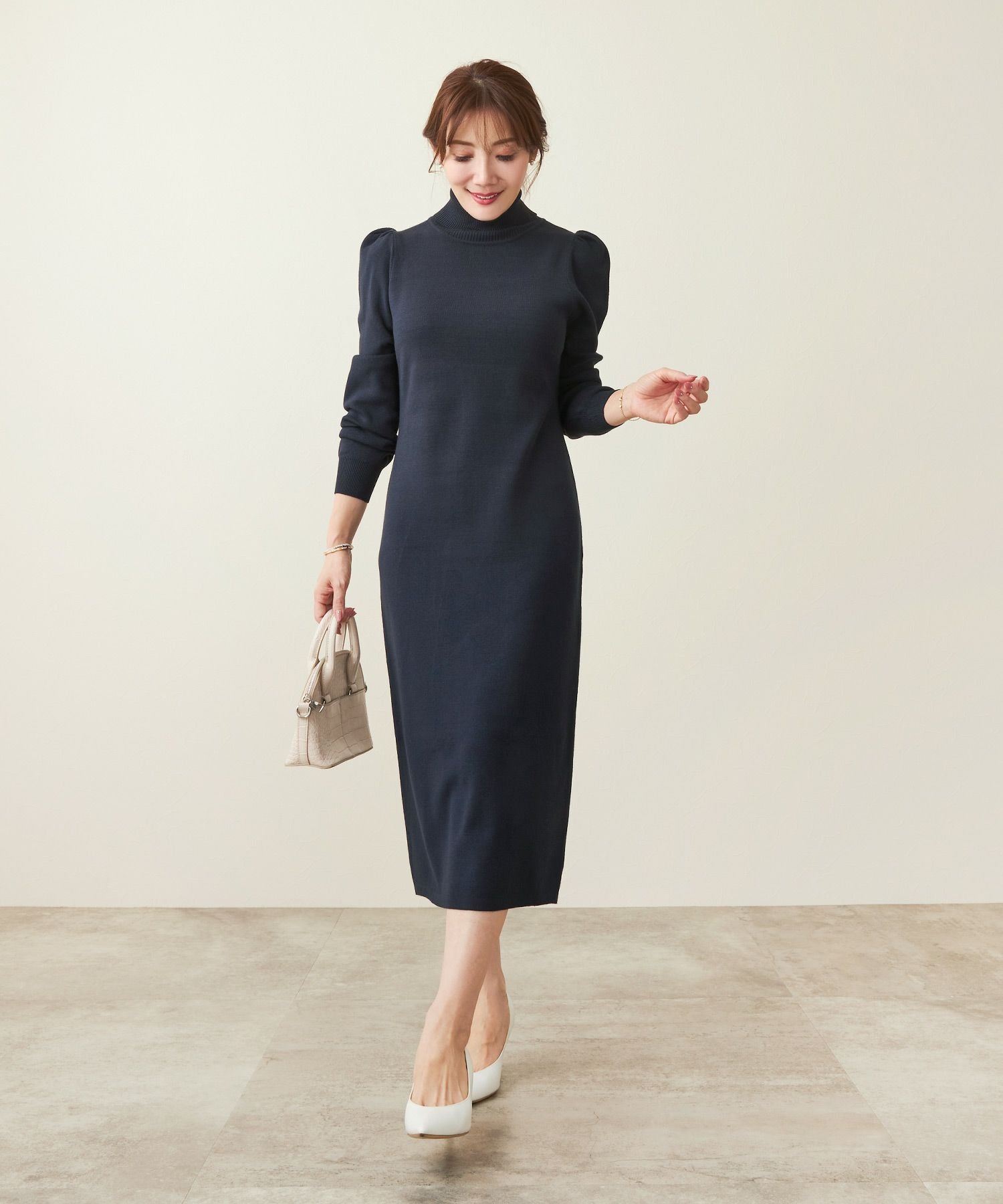 タートルネック 肩ギャザー入り ニット ワンピース Liala×PG 全3色