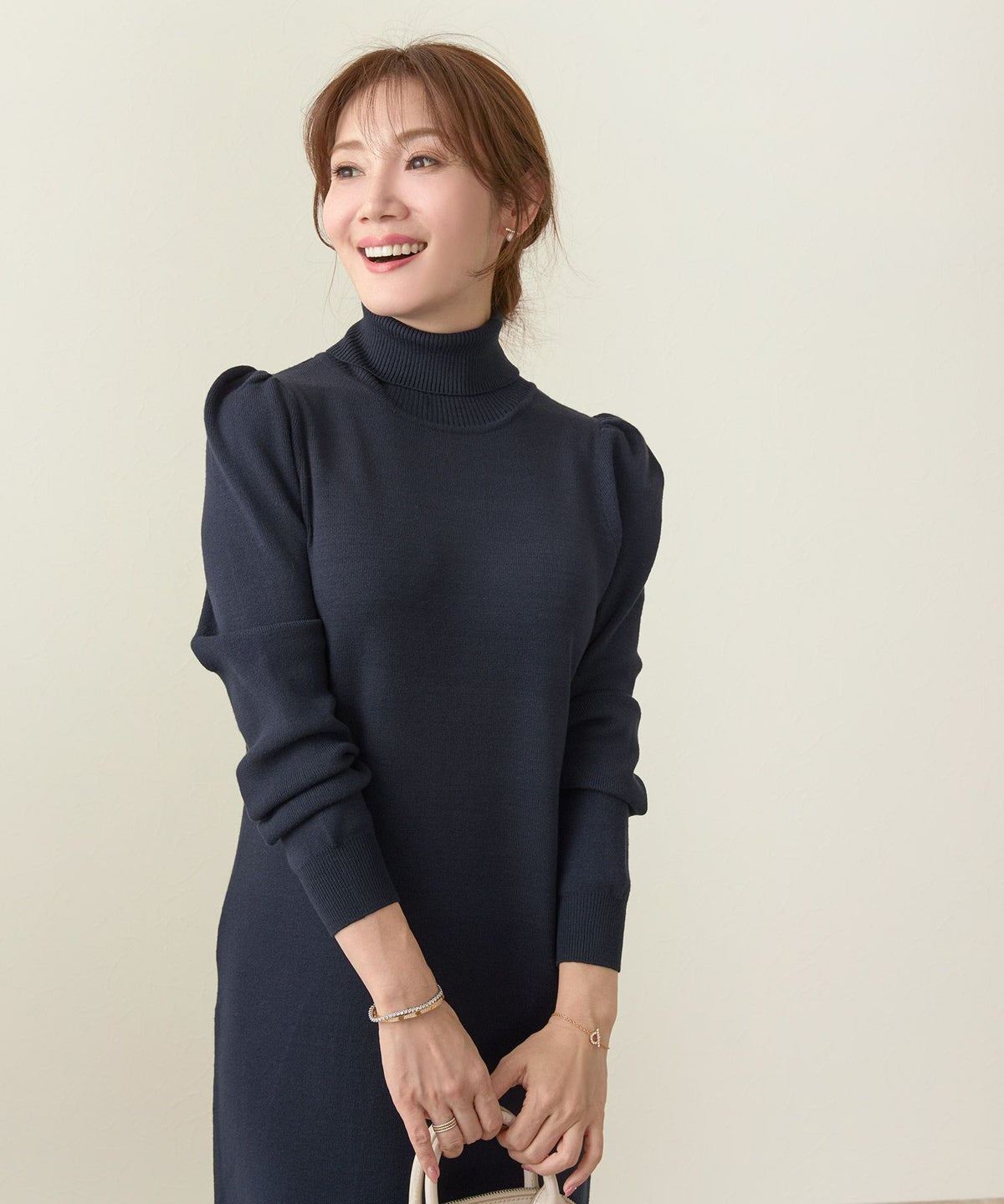 手洗い可/ニット/ワンピース/タートル/長袖/肩ギャザー/膝丈/ロング/ハイゲージ/大人/上品/可愛い