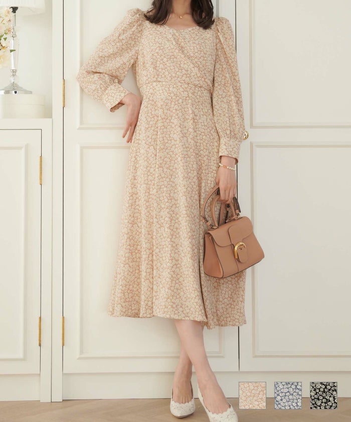 ワンピース 小花柄 カフス カシュクール タック 長袖 小花柄 カシュクール ワンピース le reve vaniller