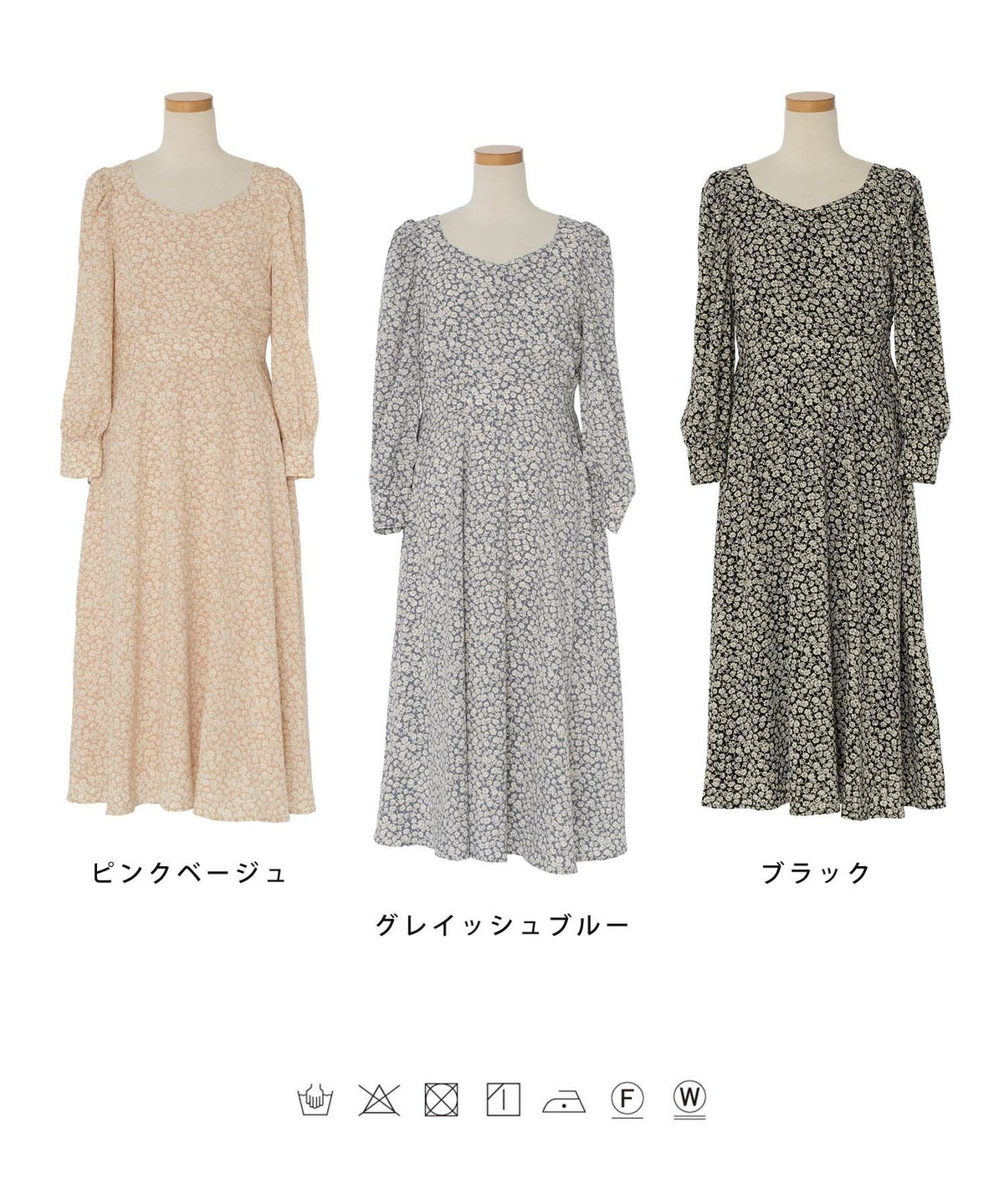 レディース/ワンピース/花柄/小花柄//カフス/カシュクール/フロントあき/前あき/ウエストゴム/ハイウエスト/タック/長袖/フレアシルエット/フレア/ピンクベージュ/ブルー/ブラック/エレガント/フェミニン/ガーリー/上品/春