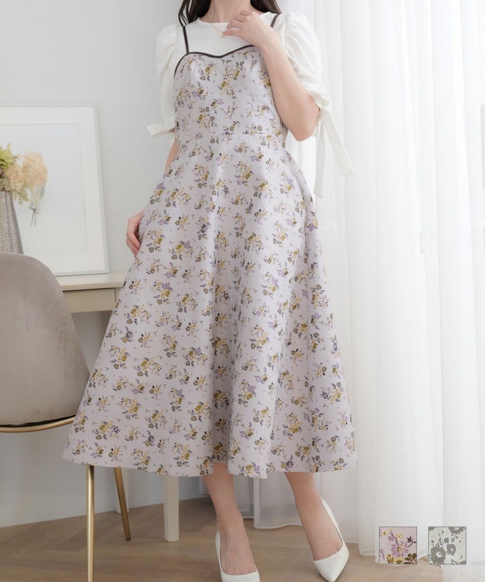 ワンピース キャミワンピース レーシング 配色 花柄 オールシーズン フラワージャカード バックレーシング キャミワンピース le reve vaniller