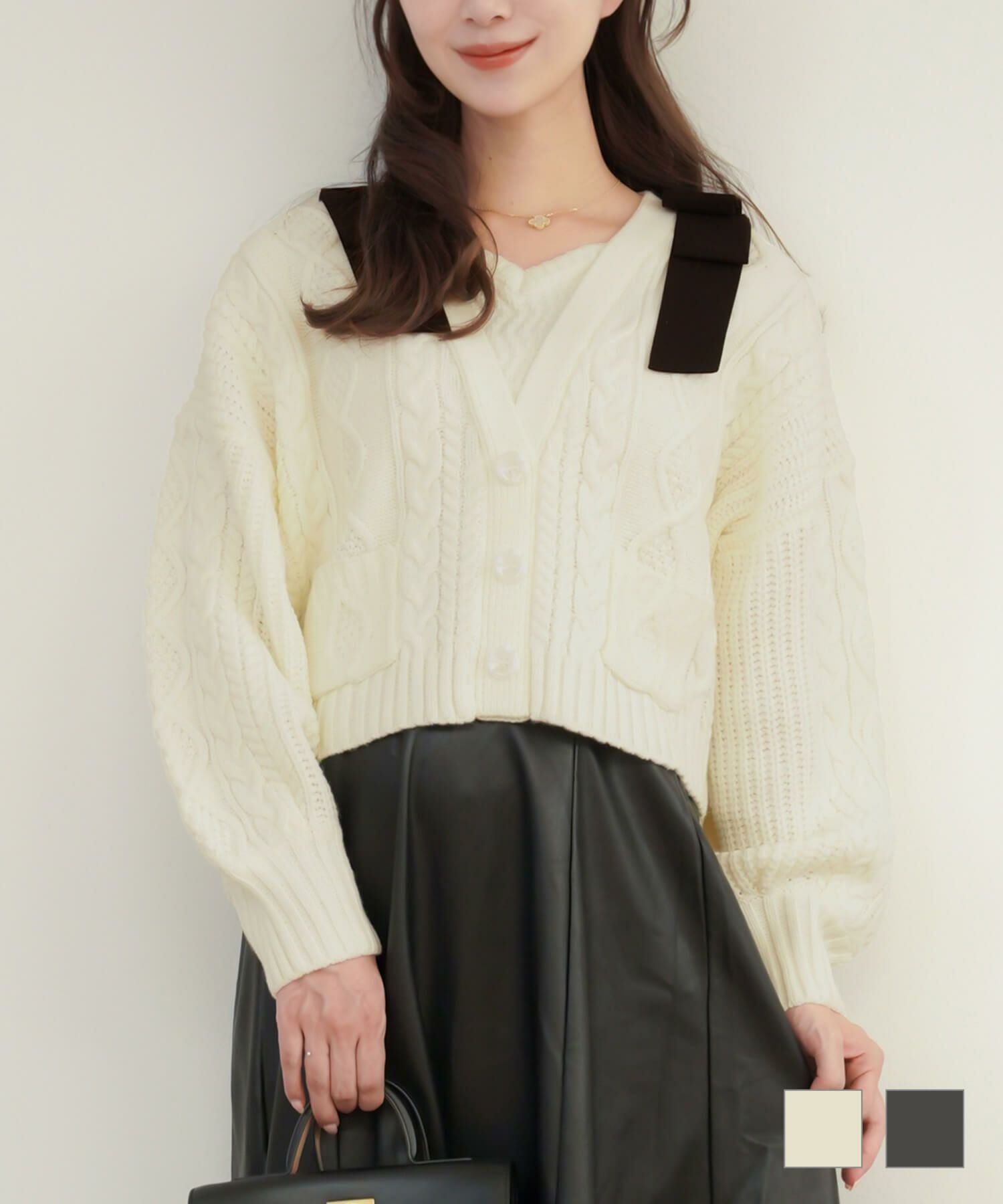 カーディガン風 肩リボン ケーブル ニット トップス le reve vaniller