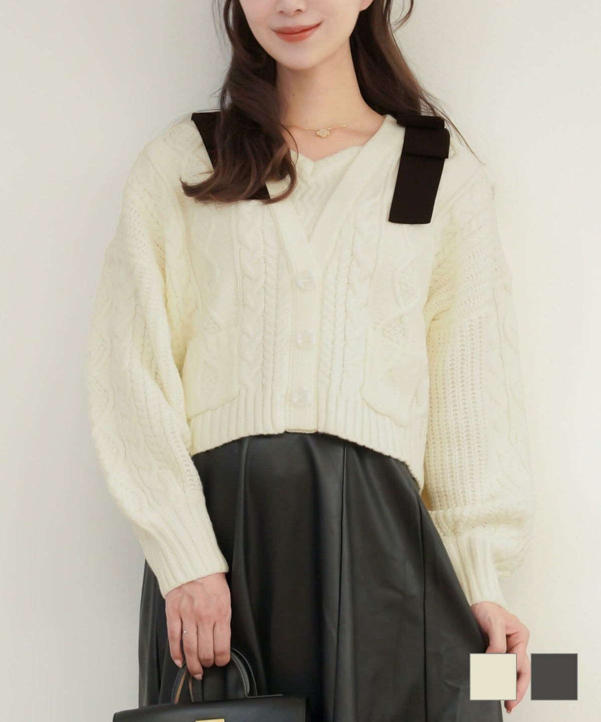 カーディガン風 肩リボン ケーブル ニット トップス le reve vaniller アイボリー/グレー