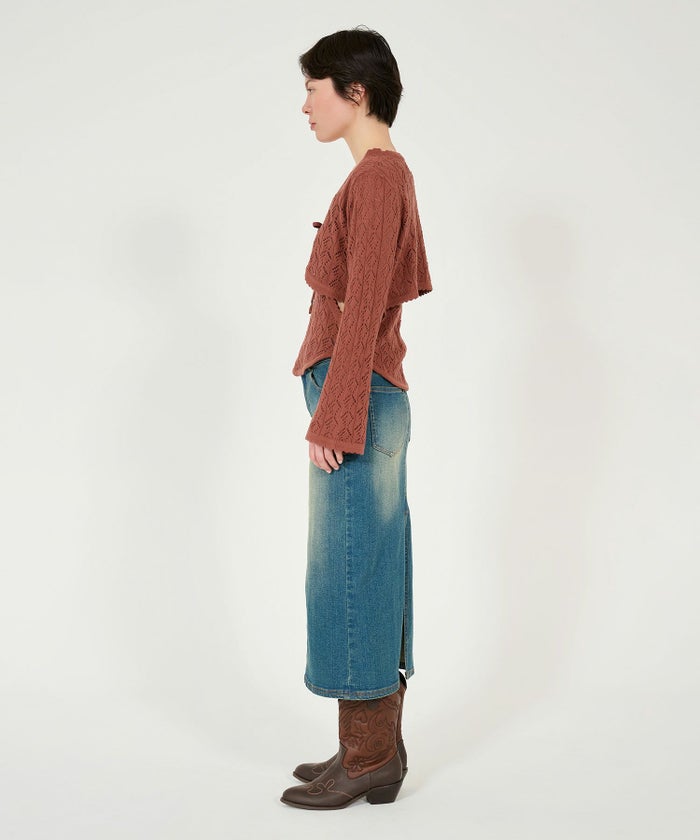 カーディガン/透かし編み/カントリー/クリーム/ブラウンレッド