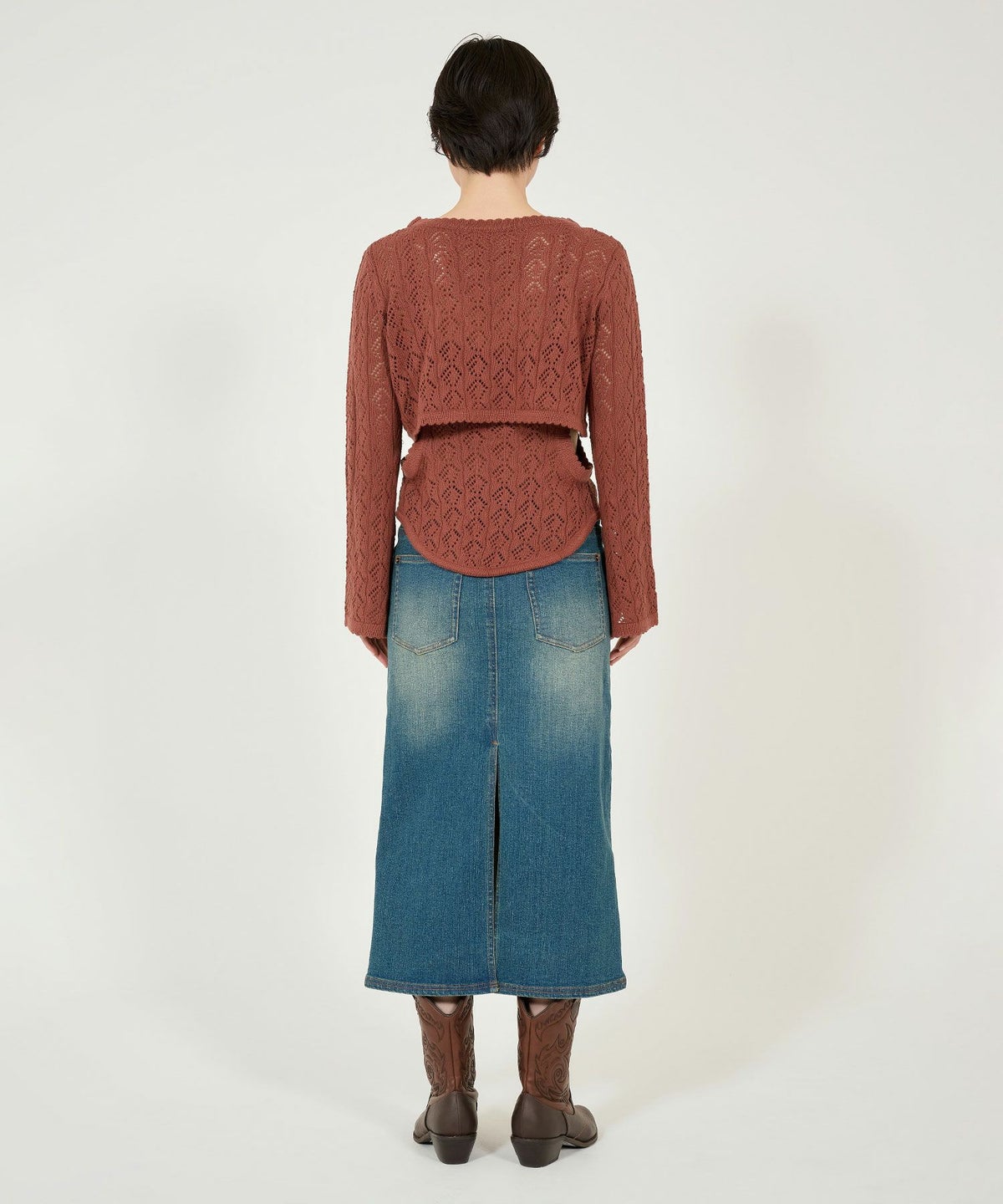 カーディガン/透かし編み/カントリー/クリーム/ブラウンレッド