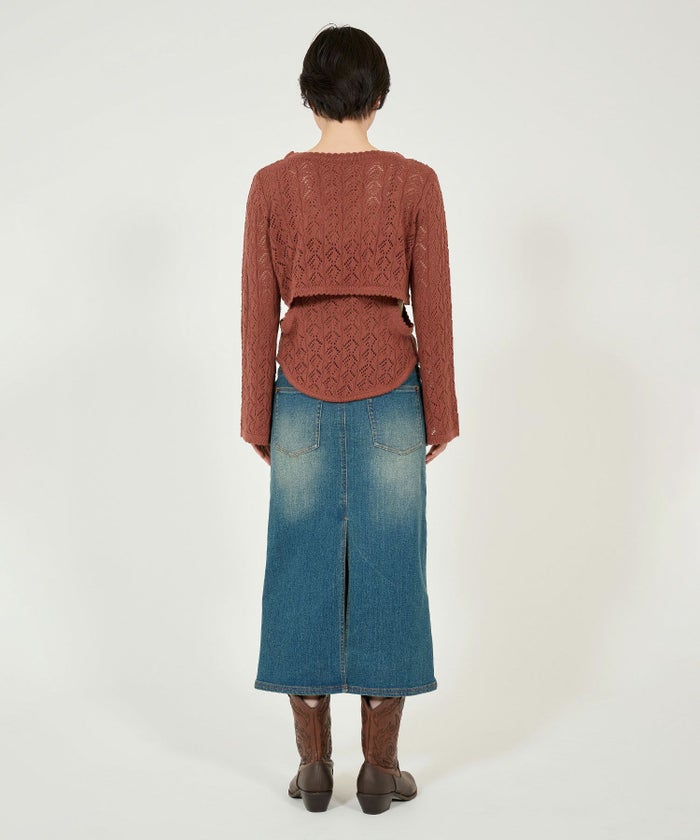 カーディガン/透かし編み/カントリー/クリーム/ブラウンレッド