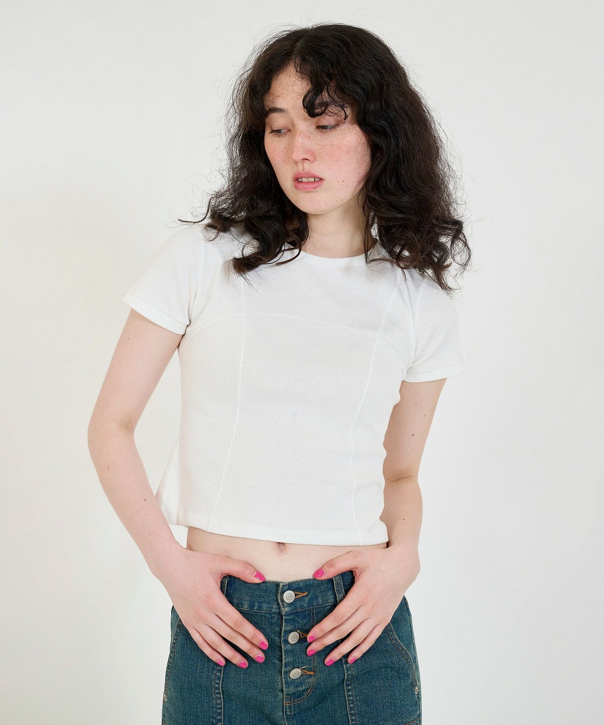 トップス/リブ/コンパクト丈/半袖