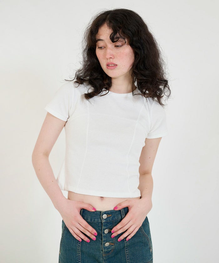 トップス/リブ/コンパクト丈/半袖