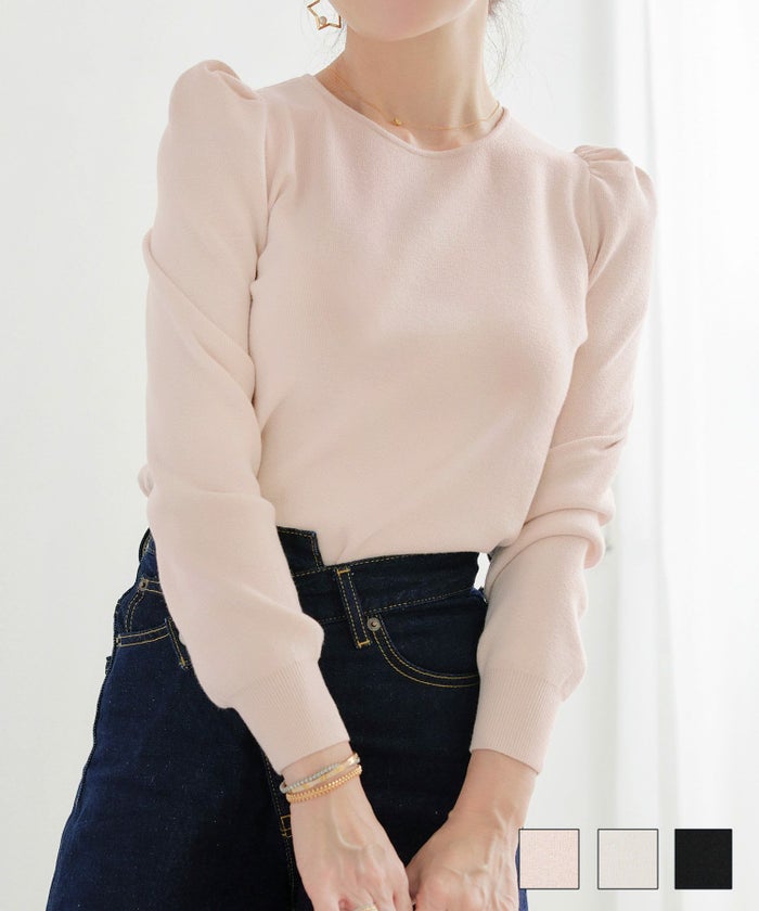 ラウンドネック 袖山ギャザー ニット Liala×PG