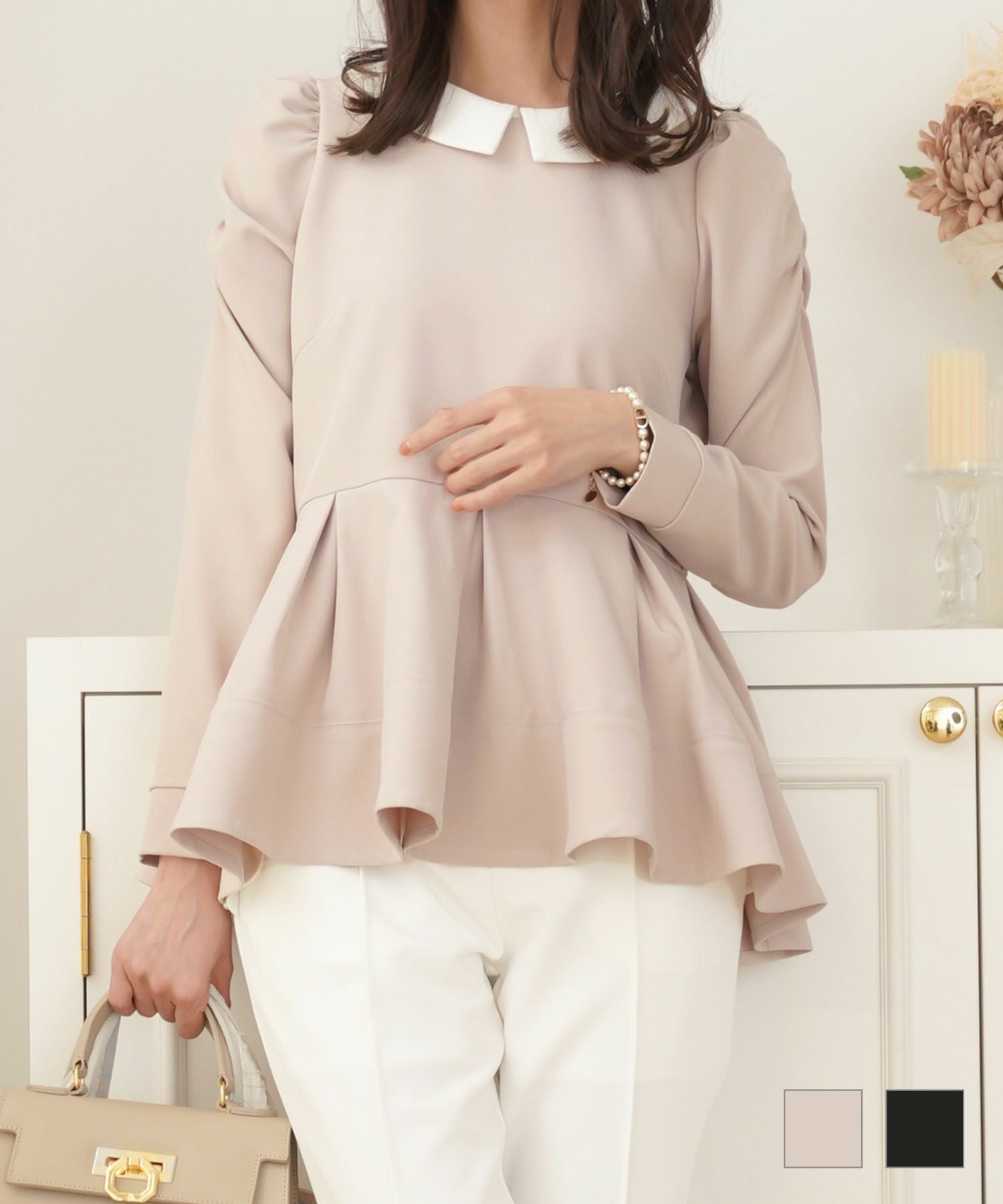 襟付き ペプラム タックフレア ブラウス le reve vaniller 全2色