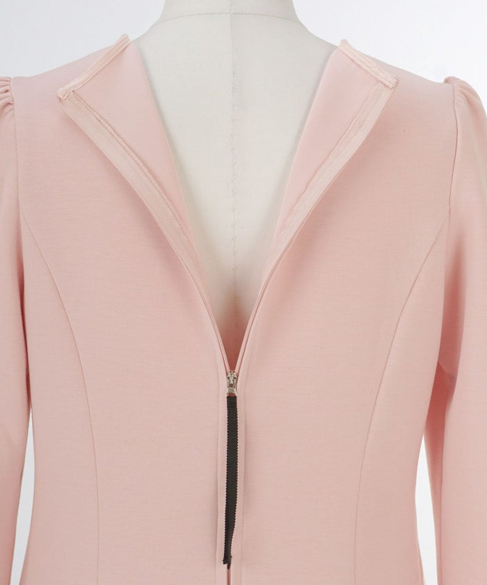 ワンピース/フロントフリル/背中心ファスナー/リラックス/カットソー/パフスリーブ/長袖/ホワイト/ピンク/ネイビー/ブラック/S/M/秋/冬/春/可愛い/かわいい/華やか/大人/上品/