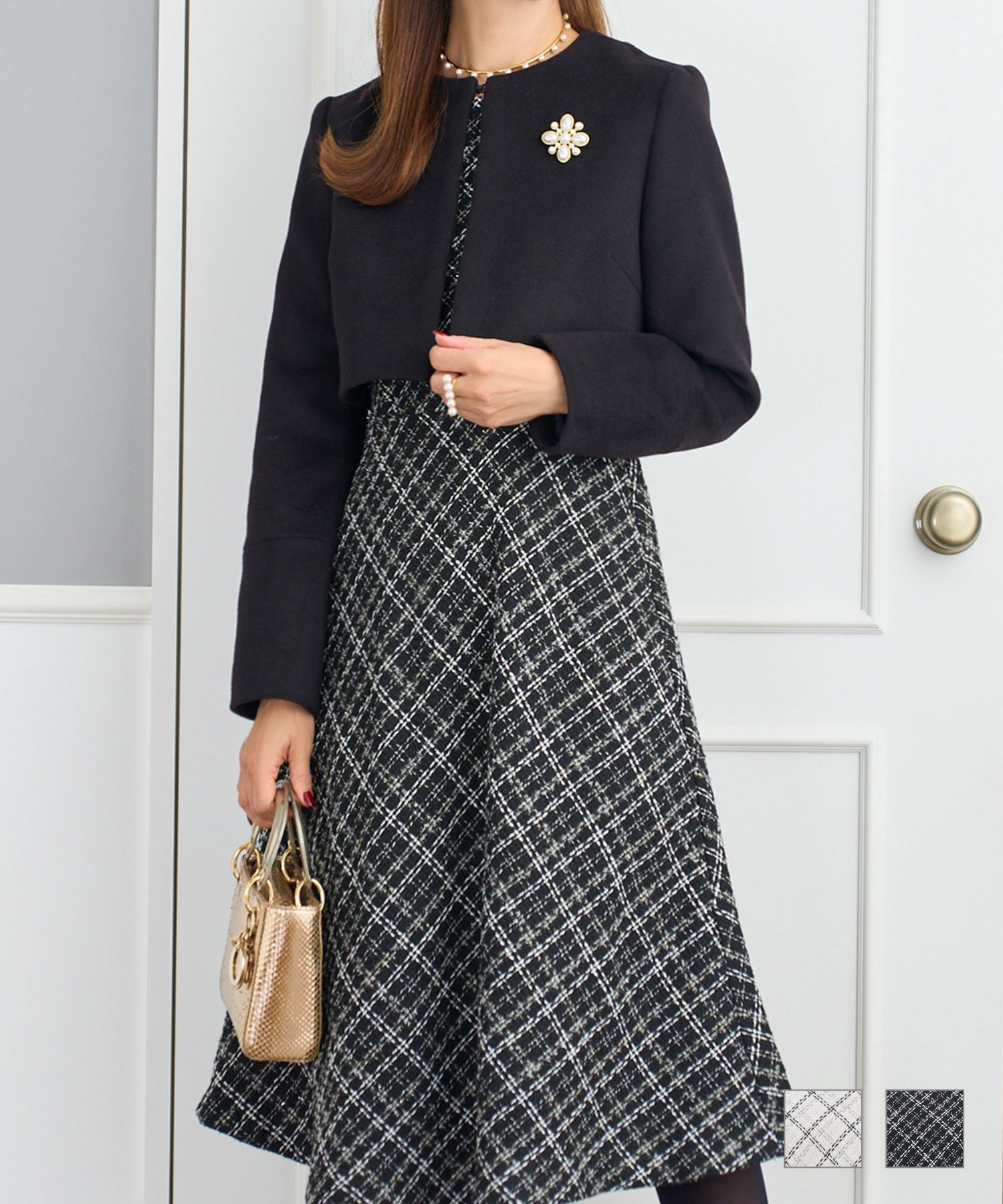 バイヤス チェックツイード ワンピース ノースリーブ Prima Scherrer