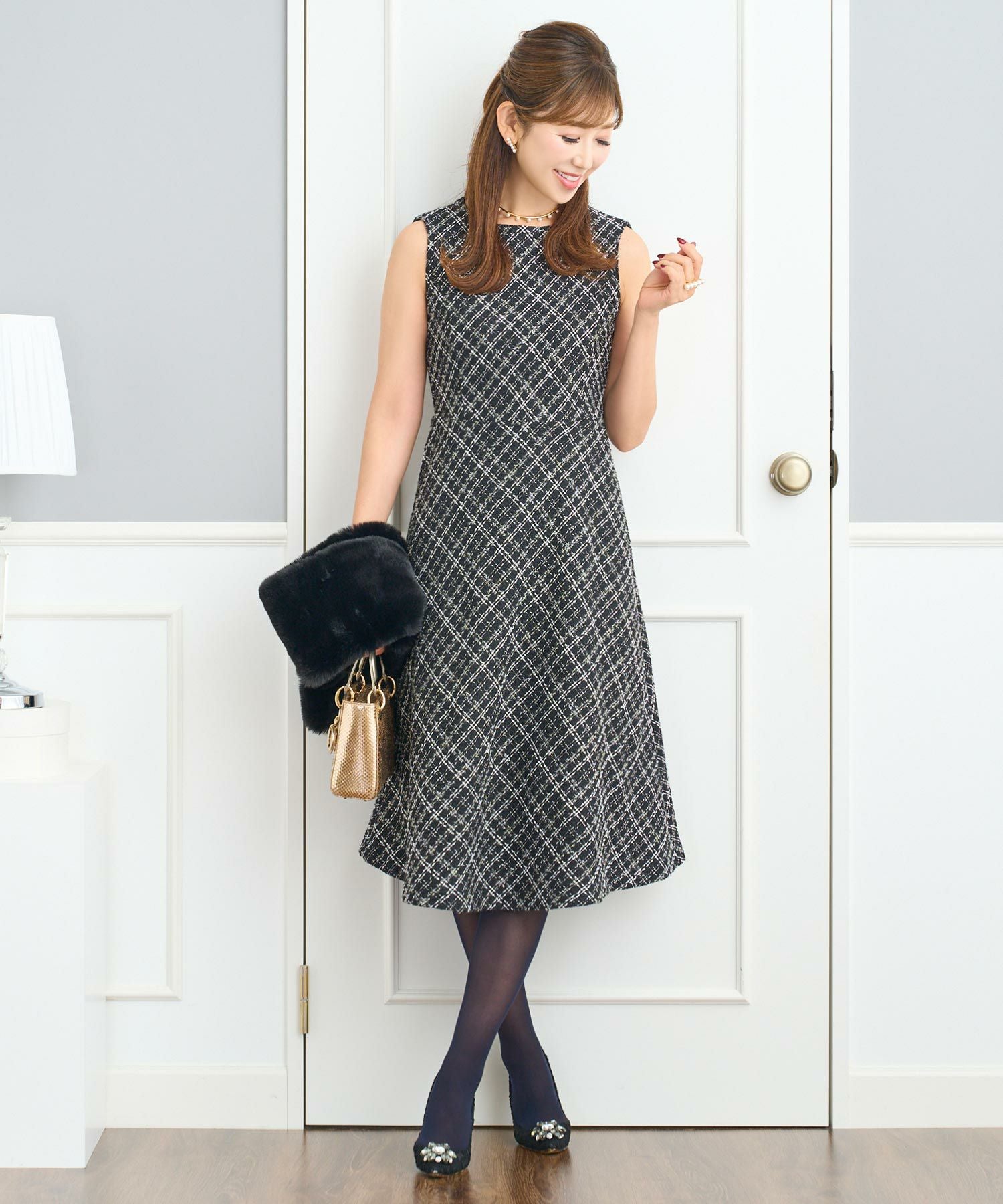 バイヤス チェックツイード ワンピース ノースリーブ Prima Scherrer