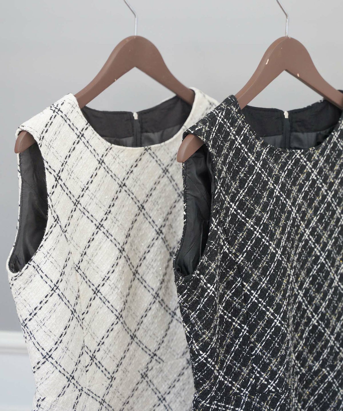 ワンピース/ツイード/チェック/クリアラメ/ノースリーブ/普段着/パーティー/フォーマル/アイボリー/ブラック/S/M/秋/冬/春/可愛い/かわいい/華やか/大人/上品/